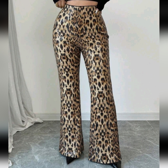 Fashionable Leopard Print High Waist Sequin Flared Pants For Autumn - Picture 5 of 5